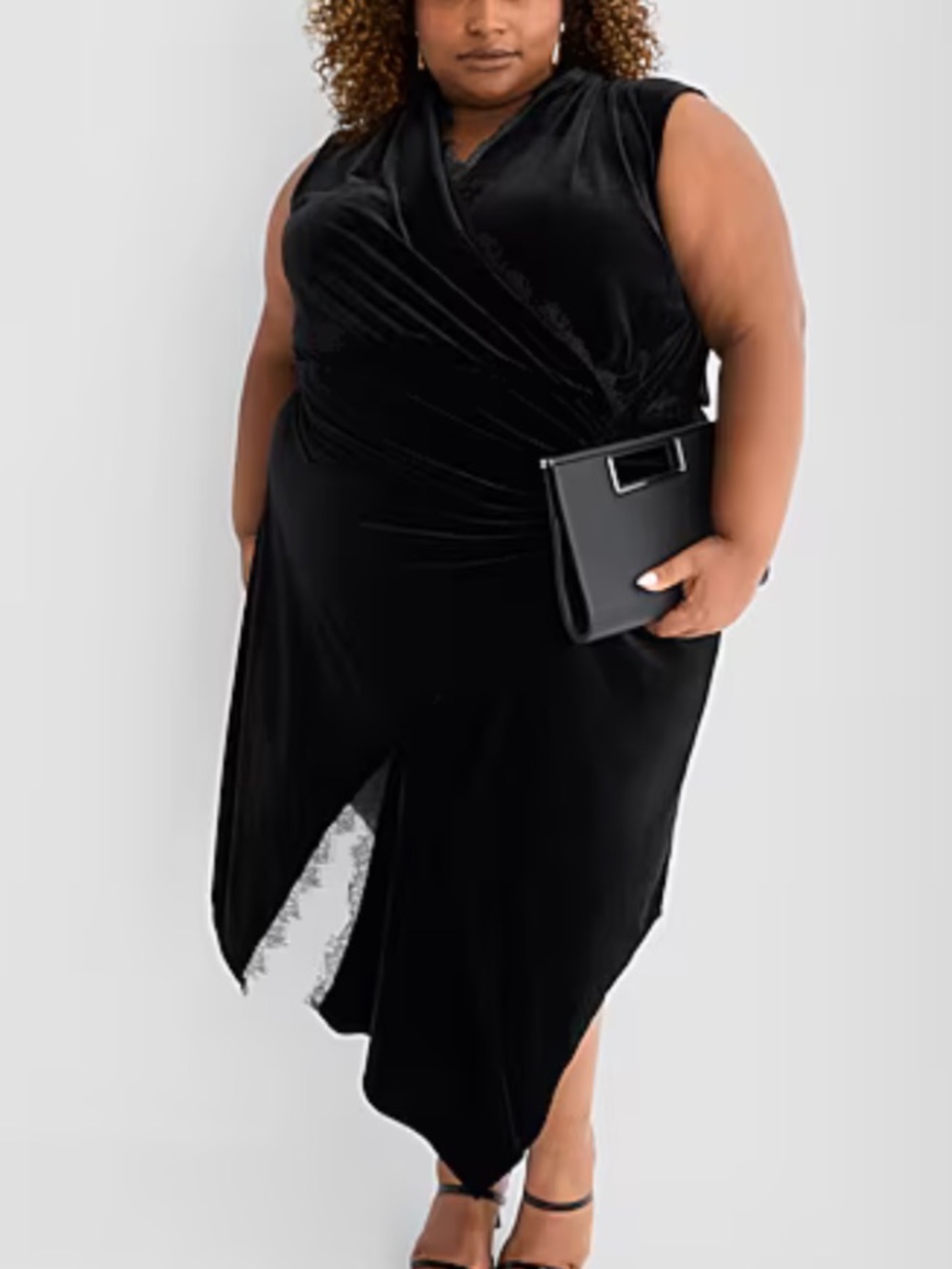 Ashley Graham Womn 0X Black Velvet Lace Edge Sleeveless Midi Faux Wrap Dress NWT